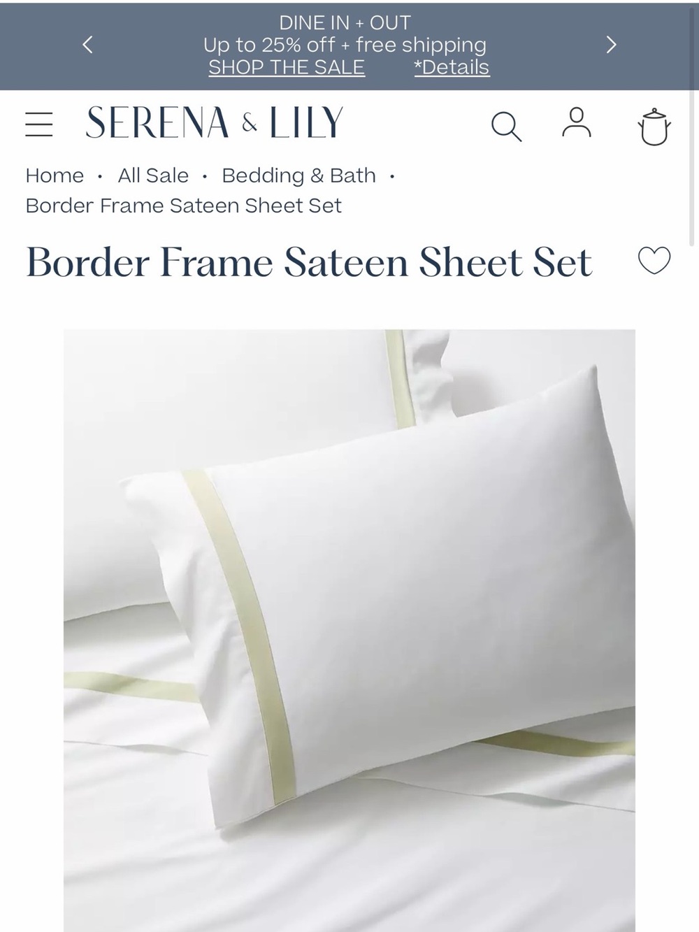 Serena & Lily White Sateen Sheet Set with Pale Green Border
